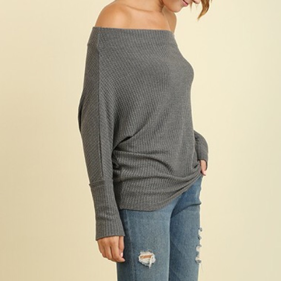 SOLD OUT Charcoal Gray Knit Off Shoulder Batwing Top - Picture 3 of 4